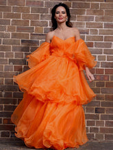 A-Line/Elegant Organza Off-the-Shoulder Layers Long Sleeves Floor-Length Prom Dresses