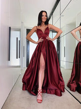 A-Line/Elegant Ruffles V-neck Satin Sleeveless Prom Dresses