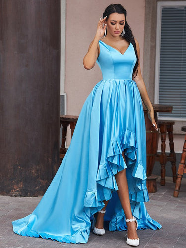 A-Line/Elegant Satin Ruffles V-neck Sleeveless Asymmetrical Prom Dresses