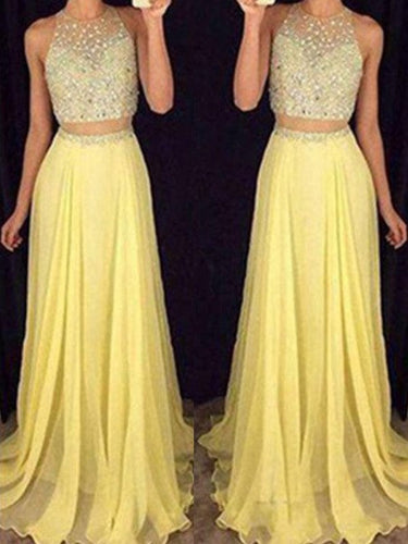 A-Line/Elegant Scoop Sleeveless Beading Chiffon Two Piece Prom Dresses