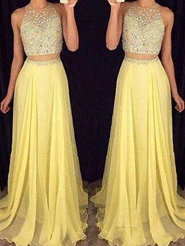 A-Line/Elegant Scoop Sleeveless Beading Chiffon Two Piece Prom Dresses