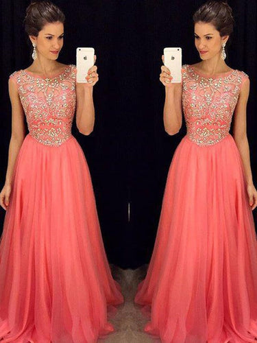 A-Line/Elegant Scoop Sleeveless Beading Floor-Length Chiffon Prom Dresses