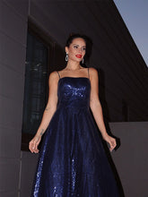 A-Line/Elegant Sequins Spaghetti Straps Ruffles Sleeveless Floor-Length Prom Dresses