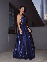 A-Line/Elegant Sequins Spaghetti Straps Ruffles Sleeveless Floor-Length Prom Dresses