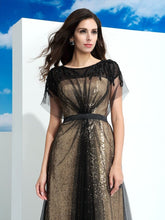 A-Line/Elegant Sheer Neck Paillette Short Sleeves Long Net Prom Dresses