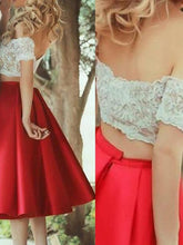 A-Line Elegant Sleeveless Off-the-Shoulder Satin Lace Knee Length Two Piece Prom Dresses