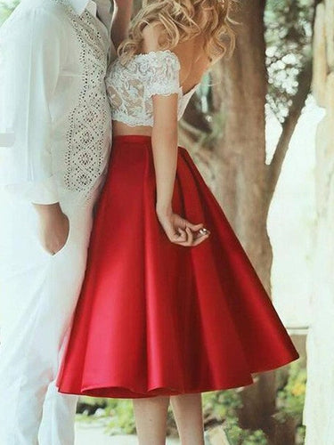 A-Line Elegant Sleeveless Off-the-Shoulder Satin Lace Knee Length Two Piece Prom Dresses