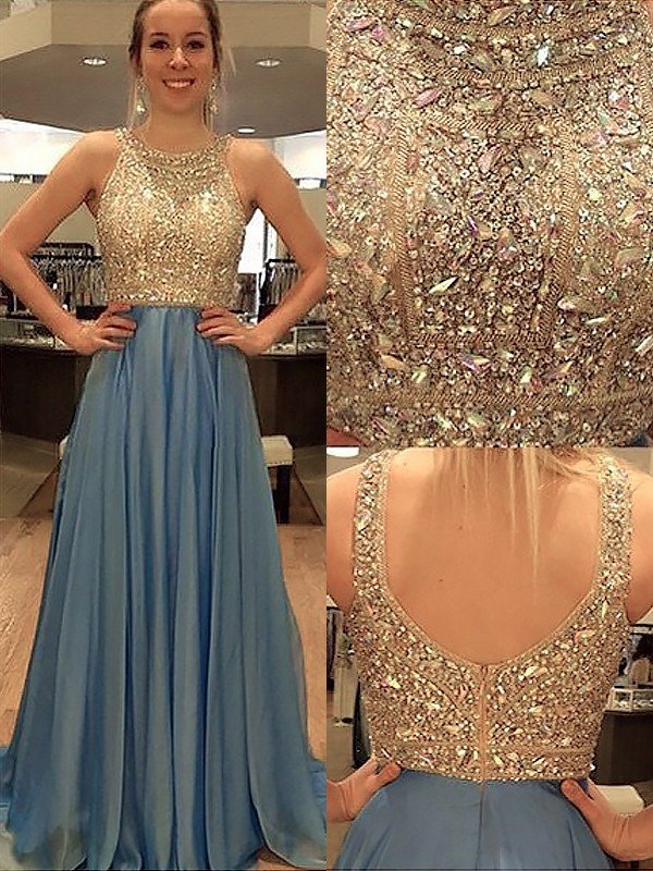A-Line/Elegant Sleeveless Scoop Chiffon Beading Prom Dresses