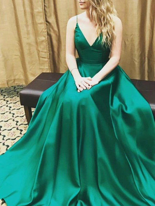 A-Line/Elegant Sleeveless Spaghetti Straps Elastic Woven Satin Floor-Length Prom Dresses
