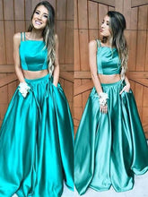 A-Line/Elegant Sleeveless Square Floor-Length Ruffles Satin Two Piece Prom Dresses
