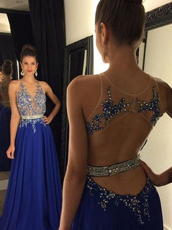A-Line Elegant Sleeveless V-neck Chiffon Applique Floor-Length Prom Dresses