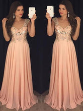 A-Line/Elegant Sleeveless V-neck Chiffon Paillette Floor-Length Prom Dresses