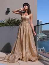 A-Line/Elegant Spaghetti Straps Sequins Sleeveless Ruffles Prom Dresses