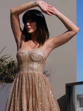 A-Line/Elegant Spaghetti Straps Sequins Sleeveless Ruffles Prom Dresses