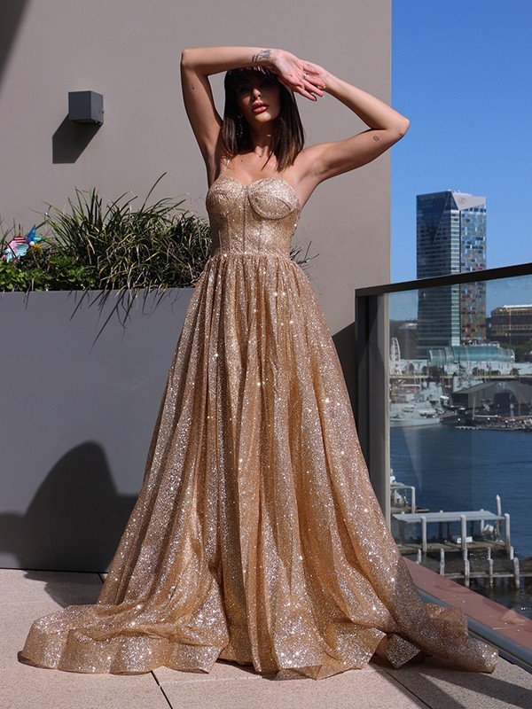 A-Line/Elegant Spaghetti Straps Sequins Sleeveless Ruffles Prom Dresses
