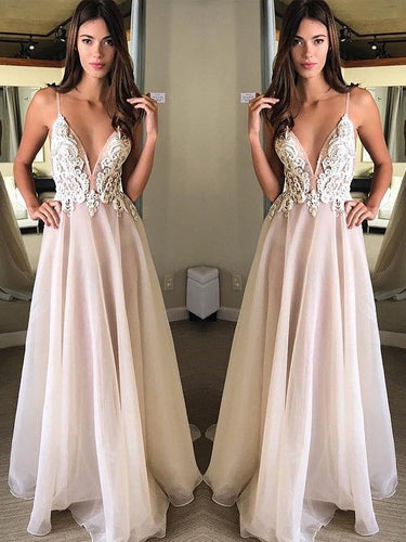 A-Line/Elegant Spaghetti Straps Sleeveless Applique Chiffon Prom Dresses