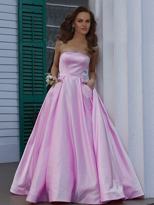 A-Line/Elegant Strapless Sleeveless Floor-Length Ruffles Satin Prom Dresses