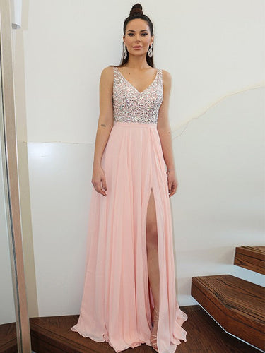 A-Line/Elegant Straps Beading Sleeveless Chiffon Floor-Length Prom Dresses