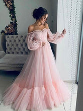 A-Line/Elegant Tulle Applique Off-the-Shoulder Long Sleeves Floor-Length Prom Dresses