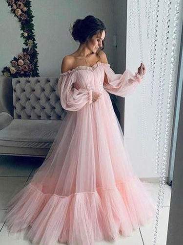 A-Line/Elegant Tulle Applique Off-the-Shoulder Long Sleeves Floor-Length Prom Dresses