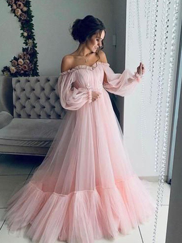 A-Line/Elegant Tulle Applique Off-the-Shoulder Long Sleeves Floor-Length Prom Dresses