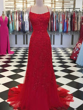 A-Line/Elegant Tulle Applique Spaghetti Straps Sleeveless Prom Dresses