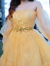 A-Line/Elegant Tulle Beading Off-the-Shoulder Long Sleeves Floor-Length Prom Dresses