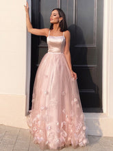 A-Line/Elegant Tulle Hand-Made Flower Straps Floor-Length Sleeveless Prom Dresses