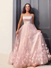 A-Line/Elegant Tulle Hand-Made Flower Straps Floor-Length Sleeveless Prom Dresses