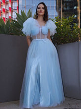 A-Line/Elegant Tulle Ruffles Square Short Sleeves Floor-Length Prom Dresses