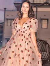 A-Line/Elegant Tulle Ruffles V-neck Short Sleeves Floor-Length Prom Dresses