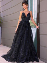 A-Line/Elegant V-neck Sequins Sleeveless Sequin Prom Dresses