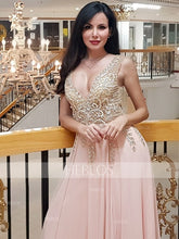 A-Line/Elegant V-Neck Sleeveless Beading Tulle Prom Dresses