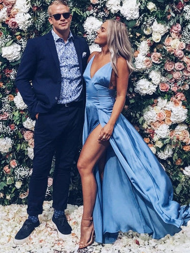 A-Line/Elegant V-neck Sleeveless Floor-Length Ruffles Satin Prom Dresses