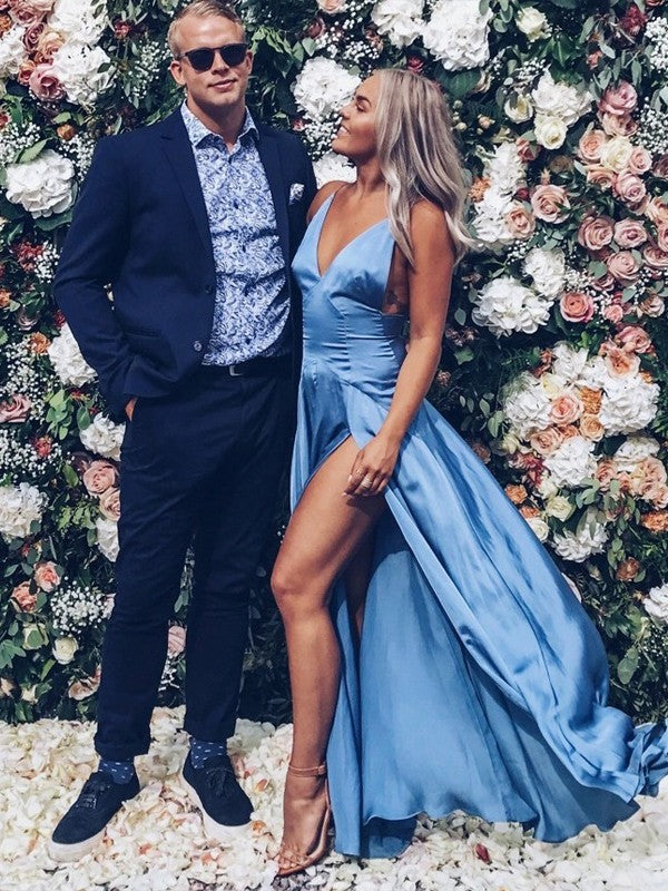 A-Line/Elegant V-neck Sleeveless Floor-Length Ruffles Satin Prom Dresses