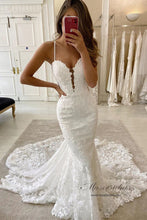 Mermaid Spaghetti Straps Deep V Neck Wedding Dress With Chanpel Train, MW516