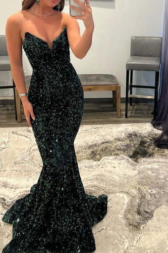 Sequined Open Back V-Neck Mermaid Long Prom Gown