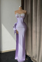 High Split Strapless Light Purple Mermaid Prom Dress With Rhinestone