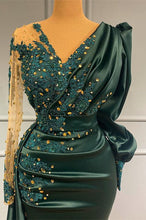 Dark Green Long Sleeves Mermaid V-Neck Satin Beadings Evening Prom Dress