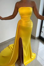 Yellow Long Strapless Sleeveless Satin Mermaid Prom Dresses with Slit