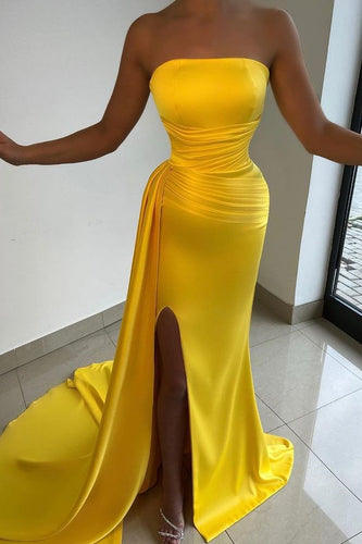 Yellow Long Strapless Sleeveless Satin Mermaid Prom Dresses with Slit