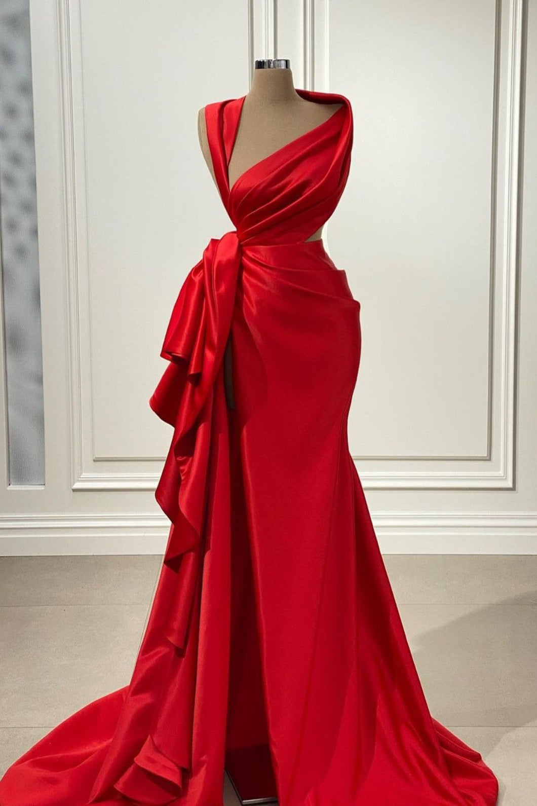 Red Mermaid  Draped Satin Floor Length Prom Gown with Slit