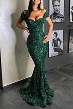 Portrait Sweetheart Sequined Long Mermaid Prom Dress with Ruffles