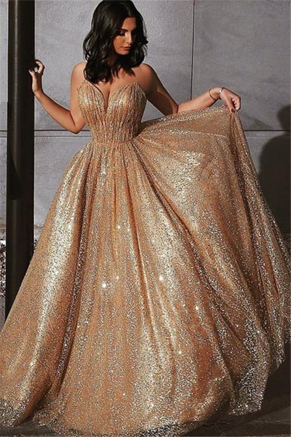 Glamorous Gold A Line Sequins Tulle Long Prom Dress with Ruffles