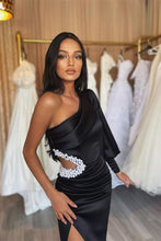 One Shoulder Long Sleeve Black Satin Evening Gown with Elegant Pleated Slit