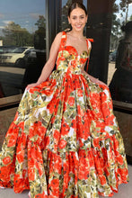 Adara | A-Line Floral Printed Satin Sweetheart Long Prom Dresses