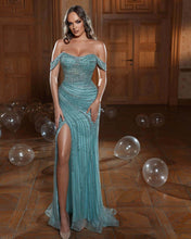 Long Mermaid Off the Shoulder Tulle Beads Sequins Prom Dresses with Slit