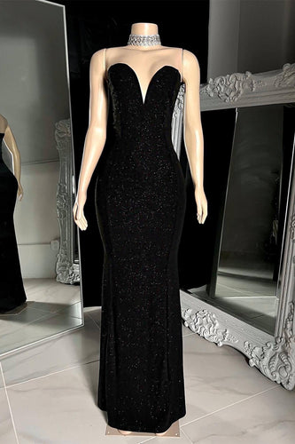 Black Strapless V Neck Sequins  Long Mermaid Prom Dress