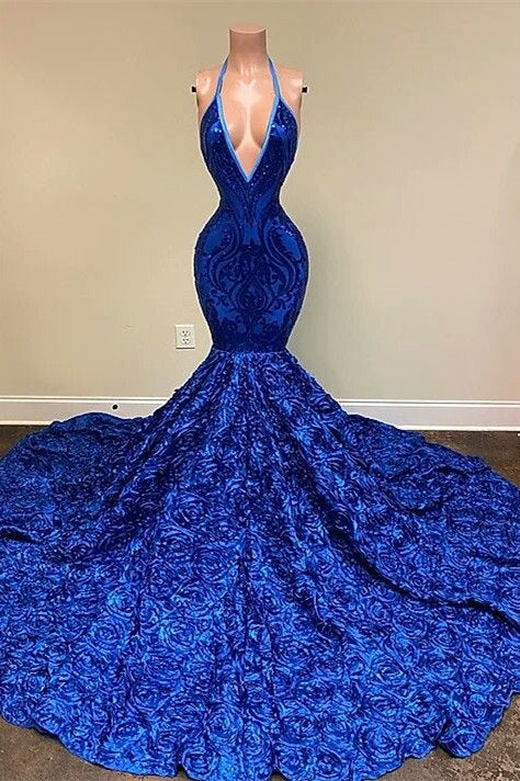 Deep V-neck Halter Mermaid Prom Dress with  Sequins and Floral