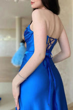 Simple A Line Satin Royal Blue Strapless Long Prom Dress With Slit, Evening Dresses GJS754